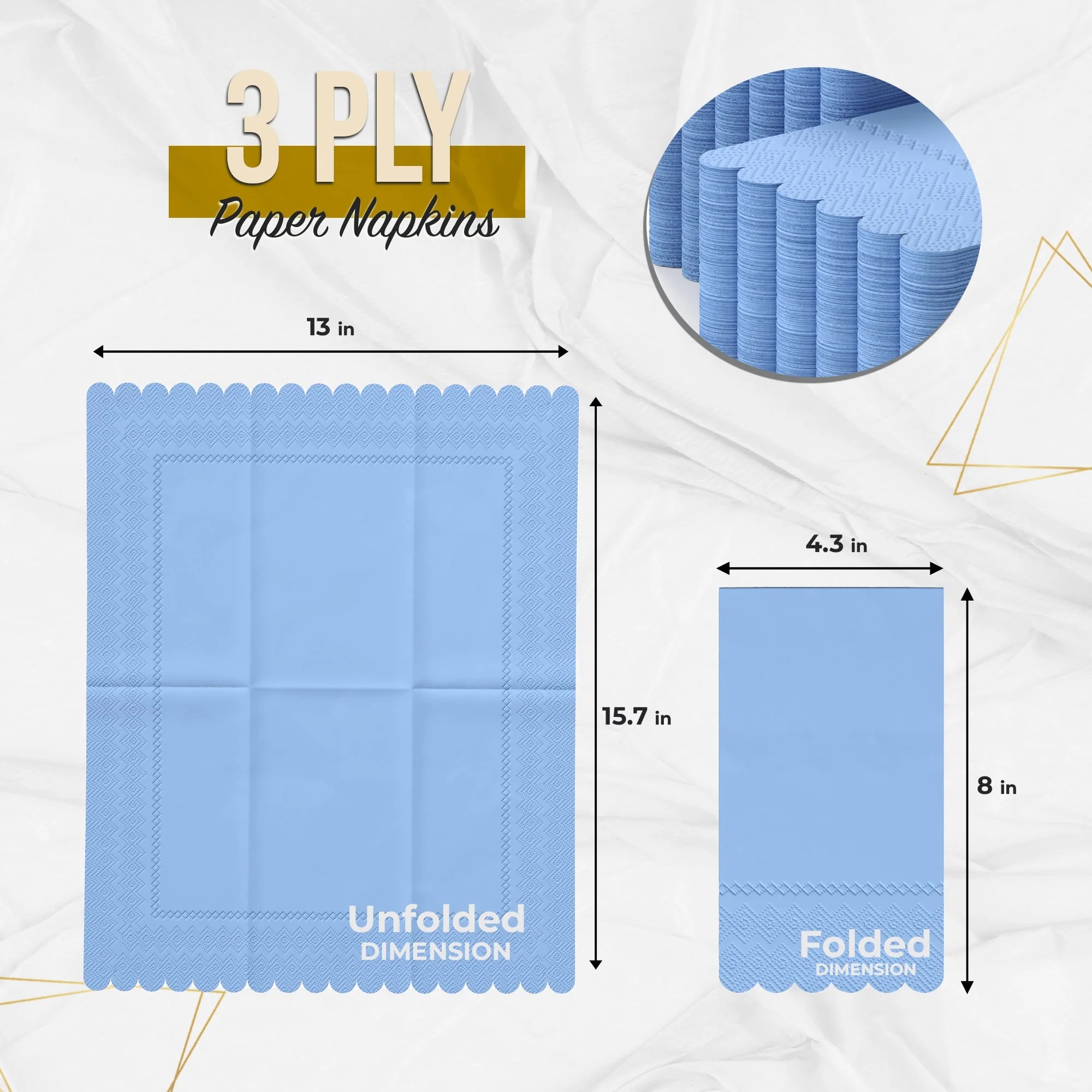 Single Use 3 Ply Sky Blue Scalloped Napkins - 20 Ct. - Image 2